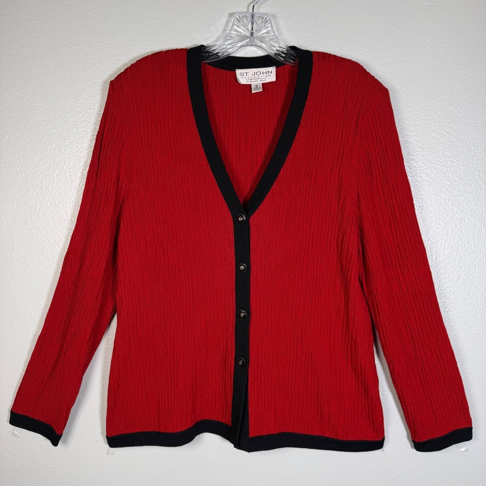 Vintage St. John Collection Marie Gray Red Santana Knit Cardigan Size 12
